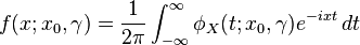 f(x;x_{0},\gamma )={\frac  {1}{2\pi }}\int _{{-\infty }}^{\infty }\phi _{X}(t;x_{0},\gamma )e^{{-ixt}}\,dt\!