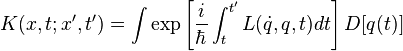 K(x,t;x',t')=\int \exp \left[{\frac  {i}{\hbar }}\int _{t}^{{t'}}L({\dot  {q}},q,t)dt\right]D[q(t)]