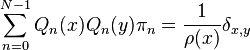 \sum _{{n=0}}^{{N-1}}Q_{n}(x)Q_{n}(y)\pi _{n}={\frac  {1}{\rho (x)}}\delta _{{x,y}}