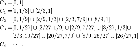 {\begin{aligned}C_{{0}}=&[0,1]\\C_{{1}}=&[0,1/3]\cup [2/3,1]\\C_{{2}}=&[0,1/9]\cup [2/9,1/3]\cup [2/3,7/9]\cup [8/9,1]\\C_{{3}}=&[0,1/27]\cup [2/27,1/9]\cup [2/9,7/27]\cup [8/27,1/3]\cup \\&[2/3,19/27]\cup [20/27,7/9]\cup [8/9,25/27]\cup [26/27,1]\\C_{{4}}=&\cdots .\end{aligned}}