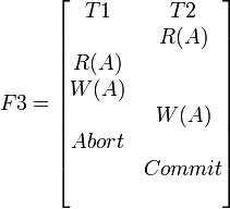 F3={\begin{bmatrix}T1&T2\\&R(A)\\R(A)&\\W(A)&\\&W(A)\\Abort&\\&Commit\\&\end{bmatrix}}