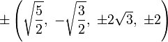 \pm \left({\sqrt  {{\frac  {5}{2}}}},\ -{\sqrt  {{\frac  {3}{2}}}},\ \pm 2{\sqrt  {3}},\ \pm 2\right)