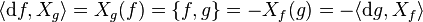 \langle {\mathrm  {d}}f,X_{{g}}\rangle ={X_{{g}}}(f)=\{f,g\}=-{X_{{f}}}(g)=-\langle {\mathrm  {d}}g,X_{{f}}\rangle 