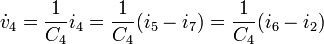 {\dot  {v}}_{4}={1 \over C_{4}}i_{4}={1 \over C_{4}}(i_{5}-i_{7})={1 \over C_{4}}(i_{6}-i_{2})