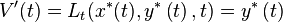 V^{{\prime }}(t)=L_{{t}}(x^{{\ast }}(t),y^{{\ast }}\left(t\right),t)=y^{{\ast }}\left(t\right)