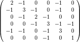 \left({\begin{array}{rrrrrr}2&-1&0&0&-1&0\\-1&3&-1&0&-1&0\\0&-1&2&-1&0&0\\0&0&-1&3&-1&-1\\-1&-1&0&-1&3&0\\0&0&0&-1&0&1\\\end{array}}\right)