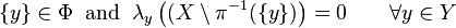 \{y\}\in \Phi \;\;{\mathrm  {and}}\;\;\lambda _{y}\left((X\setminus \pi ^{{-1}}(\{y\})\right)=0\qquad \forall y\in Y