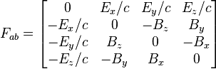 F_{{ab}}={\begin{bmatrix}0&E_{x}/c&E_{y}/c&E_{z}/c\\-E_{x}/c&0&-B_{z}&B_{y}\\-E_{y}/c&B_{z}&0&-B_{x}\\-E_{z}/c&-B_{y}&B_{x}&0\end{bmatrix}}