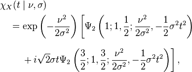 {\begin{aligned}&\chi _{X}(t\mid \nu ,\sigma )\\&\quad =\exp \left(-{\frac  {\nu ^{2}}{2\sigma ^{2}}}\right)\left[\Psi _{2}\left(1;1,{\frac  {1}{2}};{\frac  {\nu ^{2}}{2\sigma ^{2}}},-{\frac  {1}{2}}\sigma ^{2}t^{2}\right)\right.\\[8pt]&\left.{}\qquad +i{\sqrt  {2}}\sigma t\Psi _{2}\left({\frac  {3}{2}};1,{\frac  {3}{2}};{\frac  {\nu ^{2}}{2\sigma ^{2}}},-{\frac  {1}{2}}\sigma ^{2}t^{2}\right)\right],\end{aligned}}