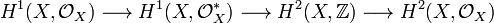 H^{1}(X,{\mathcal  O}_{X})\longrightarrow H^{1}(X,{\mathcal  O}_{X}^{*})\longrightarrow H^{2}(X,{\mathbb  Z})\longrightarrow H^{2}(X,{\mathcal  O}_{X})