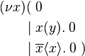 {\begin{aligned}(\nu x)(\;&0\\|\;&x(y).\;0\\|\;&\overline {x}\langle x\rangle .\;0\;)\end{aligned}}