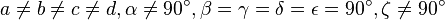 a\neq b\neq c\neq d,\alpha \neq 90^{\circ },\beta =\gamma =\delta =\epsilon =90^{\circ },\zeta \neq 90^{\circ }