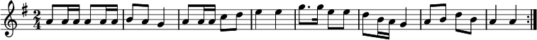 
\relative c''{
\key a \dorian
\time 2/4
\repeat volta 2 { %start repeat
   a8 a16 a a8 a16 a |%1
   b8 a g4           |%2
   a8 a16 a c8 d     |%3
   e4 e4             |%4
   g8. g16 e8 e      |%5
   d8 b16 a g4       |%6
   a8 b8 d8 b8       |%7
   a4 a4             |%8
  } %end repeat
}
