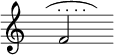 
{ \time 4/2 \override Score.TimeSignature #'stencil = ##f \override TextScript #'avoid-slur = #'inside \override TextScript #'outside-staff-priority = ##f \slurUp \hideNotes f''4( \unHideNotes f'2^\markup { \halign #0 . . . . } \hideNotes f''4) }