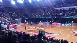 Players listening to national anthem