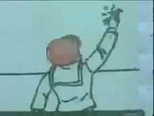 Brief animated film of a boy removing his hat and waving.