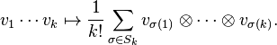 v_1\cdots v_k \mapsto \frac{1}{k!} \sum_{\sigma \in S_k} v_{\sigma(1)}\otimes \cdots \otimes v_{\sigma(k)}.