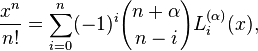 \frac{x^n}{n!}= \sum_{i=0}^n (-1)^i {n+ \alpha \choose n-i} L_i^{(\alpha)}(x),