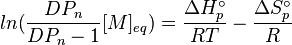 ln(\frac{DP_n}{DP_n - 1}[M]_{eq}) = \frac{\Delta H^\circ_p}{RT} - \frac{\Delta S^\circ_p}{R}