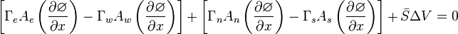 
\left[{\Gamma{}}_eA_e\left(\frac{\partial{}\varnothing{}}{\partial{}x}\right)-{\Gamma{}}_wA_w\left(\frac{\partial{}\varnothing{}}{\partial{}x}\right)\right]+\left[{\Gamma{}}_nA_n\left(\frac{\partial{}\varnothing{}}{\partial{}x}\right)-{\Gamma{}}_sA_s\left(\frac{\partial{}\varnothing{}}{\partial{}x}\right)\right]+\bar{S}\Delta{}V=0

