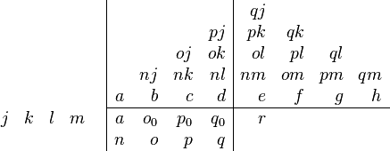 \begin{array}{cc} \begin{array}{rrrr} \\ \\ \\ \\ j &k & l & m \\ \end{array} & \begin{array}{|rrrr|rrrr} & & & & qj & & & \\ & & & pj & pk & qk & & \\ & & oj & ok & ol & pl & ql & \\ & nj & nk & nl & nm & om & pm & qm \\ a & b & c & d & e & f & g & h \\ \hline a & o_0 & p_0 & q_0 & r & & & \\ n & o & p & q & & & & \\ \end{array} \end{array}