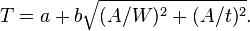 T = a+b\sqrt{(A/W)^2+(A/t)^2}.