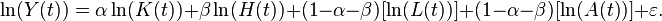 \ln(Y(t))= \alpha \ln(K(t)) +  \beta \ln(H(t)) +  (1-\alpha-\beta)[\ln(L(t))] +  (1-\alpha-\beta)[\ln(A(t))] +  \varepsilon. \, 