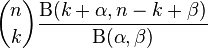 {n\choose k}\frac{\mathrm{B}(k+\alpha,n-k+\beta)} {\mathrm{B}(\alpha,\beta)}\!