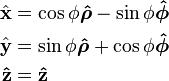 \begin{align}
\hat{\mathbf x} &= \cos\phi\boldsymbol{\hat{\rho}} - \sin\phi\boldsymbol{\hat{\phi}} \\
\hat{\mathbf y} &= \sin\phi\boldsymbol{\hat{\rho}} + \cos\phi\boldsymbol{\hat{\phi}} \\
\mathbf{\hat{z}} &= \mathbf{\hat{z}}
\end{align}