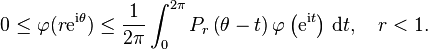  0 \le  \varphi(r \mathrm{e}^{\mathrm{i} \theta}) \le \frac{1}{2\pi} \int_0^{2\pi} P_r\left(\theta- t\right) \varphi\left(\mathrm{e}^{\mathrm{i} t}\right) \, \mathrm{d} t, \ \ \ r < 1.