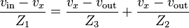 \frac{v_{\text{in}}-v_x}{Z_1}=\frac{v_x-v_{\text{out}}}{Z_3}+\frac{v_x-v_{\text{out}}}{Z_2}