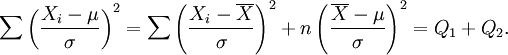 
\sum\left(\frac{X_i-\mu}{\sigma}\right)^2=
\sum\left(\frac{X_i-\overline{X}}{\sigma}\right)^2
+n\left(\frac{\overline{X}-\mu}{\sigma}\right)^2
=Q_1+Q_2.
