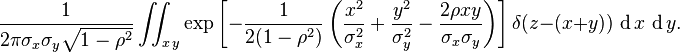 \frac{1}{2 \pi \sigma_x \sigma_y \sqrt{1-\rho^2}} \iint_{x\,y} \exp \left[ -\frac{1}{2(1-\rho^2)} \left(\frac{x^2}{\sigma_x^2} + \frac{y^2}{\sigma_y^2} - \frac{2 \rho x y}{\sigma_x\sigma_y}\right)\right] \delta(z - (x+y))\, \operatorname{d}x\,\operatorname{d}y. 