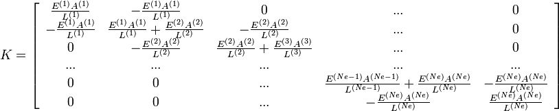  
K=\left[
\begin{array}{ccccc}
\frac{E^{(1)}A^{(1)}}{L^{(1)}} & -\frac{E^{(1)}A^{(1)}}{L^{(1)}} & 0 & ... & 0 \\
-\frac{E^{(1)}A^{(1)}}{L^{(1)}} & \frac{E^{(1)}A^{(1)}}{L^{(1)}} + \frac{E^{(2)}A^{(2)}}{L^{(2)}} & -\frac{E^{(2)}A^{(2)}}{L^{(2)}} & ... & 0 \\
0            & -\frac{E^{(2)}A^{(2)}}{L^{(2)}} & \frac{E^{(2)}A^{(2)}}{L^{(2)}}+ \frac{E^{(3)}A^{(3)}}{L^{(3)}}  & ... & 0 \\
...          &          ... &  ... &  ... & ... \\
0 & 0 & ... & \frac{E^{(Ne-1)}A^{(Ne-1)}}{L^{(Ne-1)}} + \frac{E^{(Ne)}A^{(Ne)}}{L^{(Ne)}} & -\frac{E^{(Ne)}A^{(Ne)}}{L^{(Ne)}} \\
0 & 0 & ... & -\frac{E^{(Ne)}A^{(Ne)}}{L^{(Ne)}}  & \frac{E^{(Ne)}A^{(Ne)}}{L^{(Ne)}}
\end{array}
\right] 
