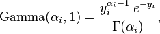  \textrm{Gamma}(\alpha_i, 1) = \frac{y_i^{\alpha_i-1} \; e^{-y_i}}{\Gamma (\alpha_i)}, \!