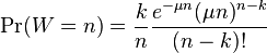 \Pr(W=n)=\frac{k}{n}\frac{e^{-\mu n}(\mu n)^{n-k}}{(n-k)!}