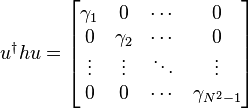 u^\dagger h u = \begin{bmatrix}
\gamma_1 & 0        & \cdots & 0 \\
0        & \gamma_2 & \cdots & 0 \\
\vdots   & \vdots   & \ddots & \vdots \\
0        & 0        & \cdots & \gamma_{N^2-1}
\end{bmatrix}