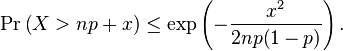  \Pr\left ( X>np+x \right ) \leq \exp \left (-\frac{x^2}{2np(1-p)} \right ).