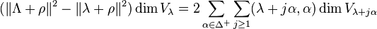  (\|\Lambda+\rho\|^2 - \|\lambda+\rho\|^2)\dim V_\lambda
= 2 \sum_{\alpha \in \Delta^{+}}\sum_{j\ge 1} (\lambda+j\alpha, \alpha)\dim V_{\lambda+j\alpha}