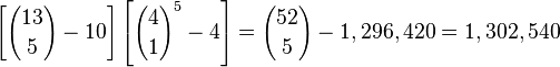 \left[{13 \choose 5} - 10\right]\left[{4 \choose 1}^5 - 4\right] = {52 \choose 5} - 1,296,420 = 1,302,540