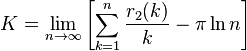 K=\lim_{n \to \infty}\left[\sum_{k=1}^{n}{r_2(k)\over k} - \pi\ln n\right]