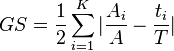  GS = \frac{ 1 }{ 2 } \sum_{ i = 1 }^K | \frac{ A_i }{ A } - \frac{ t_i }{ T } | 