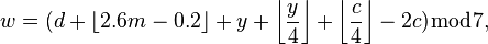 w = (d + \lfloor 2.6m - 0.2 \rfloor + y + \left\lfloor\frac{y}{4}\right\rfloor + \left\lfloor\frac{c}{4}\right\rfloor - 2c) \bmod 7,