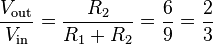 
\frac{V_\mathrm{out}}{V_\mathrm{in}} = \frac{R_2}{R_1+R_2} = \frac{6}{9} = \frac{2}{3}
