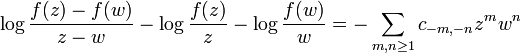  \log {f(z)-f(w)\over z -w} -\log{f(z)\over z} -\log{f(w)\over w} =-\sum_{m,n\ge 1} c_{-m,-n} z^m w^n