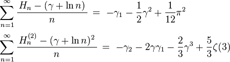 
\begin{array}{l}
\displaystyle 
\sum_{n=1}^\infty \frac{\,H_n - (\gamma+\ln n)\,}{n} \,=\,
\,-\gamma_1 -\frac{1}{2}\gamma^2+\frac{1}{12}\pi^2 \\[6mm]
\displaystyle 
\sum_{n=1}^\infty \frac{\,H^{(2)}_n - (\gamma+\ln n)^2\,}{n} \,=\,
\,-\gamma_2 -2\gamma\gamma_1 -\frac{2}{3}\gamma^3+\frac{5}{3}\zeta(3)
\end{array}
