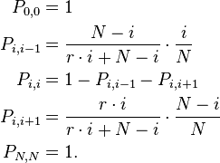  \begin{align}
P_{0,0}&=1\\
P_{i,i-1} &= \frac{N-i}{r \cdot i + N-i} \cdot \frac{i}{N}\\
P_{i,i} &= 1- P_{i,i-1} - P_{i,i+1}\\
P_{i,i+1} &= \frac{r \cdot i}{r \cdot i + N-i} \cdot \frac{N-i}{N}\\
P_{N,N}&=1.
\end{align}