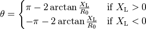 \theta =
\begin{cases}
\pi -2\arctan\frac{X_\mathrm L}{R_\mathrm 0} & \mbox{if } {X_\mathrm L} > 0 \\
-\pi -2\arctan\frac{X_\mathrm L}{R_\mathrm 0} & \mbox{if } {X_\mathrm L} < 0 \\
\end{cases}