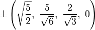 \pm\left(\sqrt{\frac{5}{2}},\ \frac{5}{\sqrt{6}},\  \frac{2}{\sqrt{3}},\  0\right)