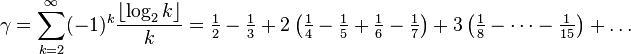 
 \gamma = \sum_{k=2}^\infty (-1)^k \frac{ \left \lfloor \log_2 k \right \rfloor}{k}
  = \tfrac12-\tfrac13
  + 2\left(\tfrac14 - \tfrac15 + \tfrac16 - \tfrac17\right)
  + 3\left(\tfrac18 - \dots - \tfrac1{15}\right) + \dots
